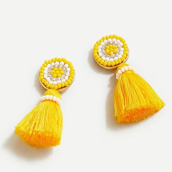 NWT! J. Crew Yellow Beaded Tassel Stud Earrings and Dust Bag - Picture 9 of 10